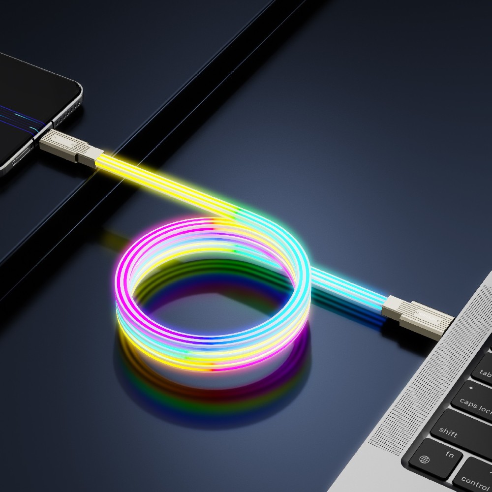 LED fast charging USB cable with flowing RGB light, supports 66W/6A fast charge & data transfer. Nighttime visible, durable braided design, perfect for phones, cars & daily use. OEM/ODM & bulk orders available